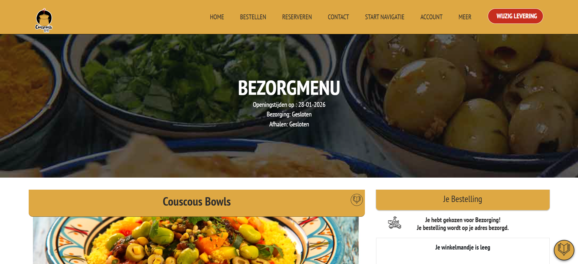 Couscousbar bestelomgeving: bezorgmenu met categorieën en winkelmandje